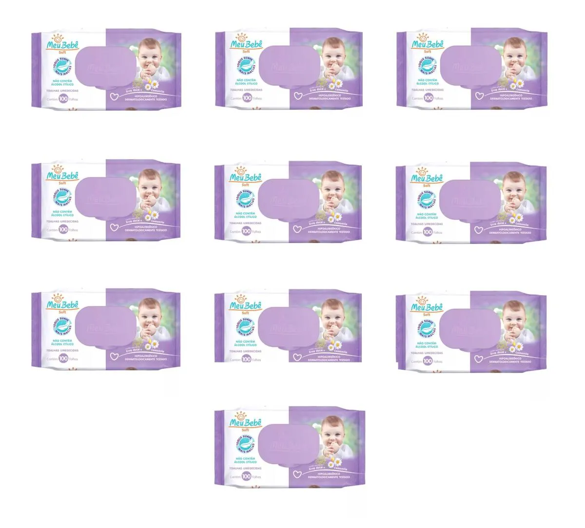Kit 10 Lenço Umedecido Meu Bebê Soft Hipoalergênico 100un