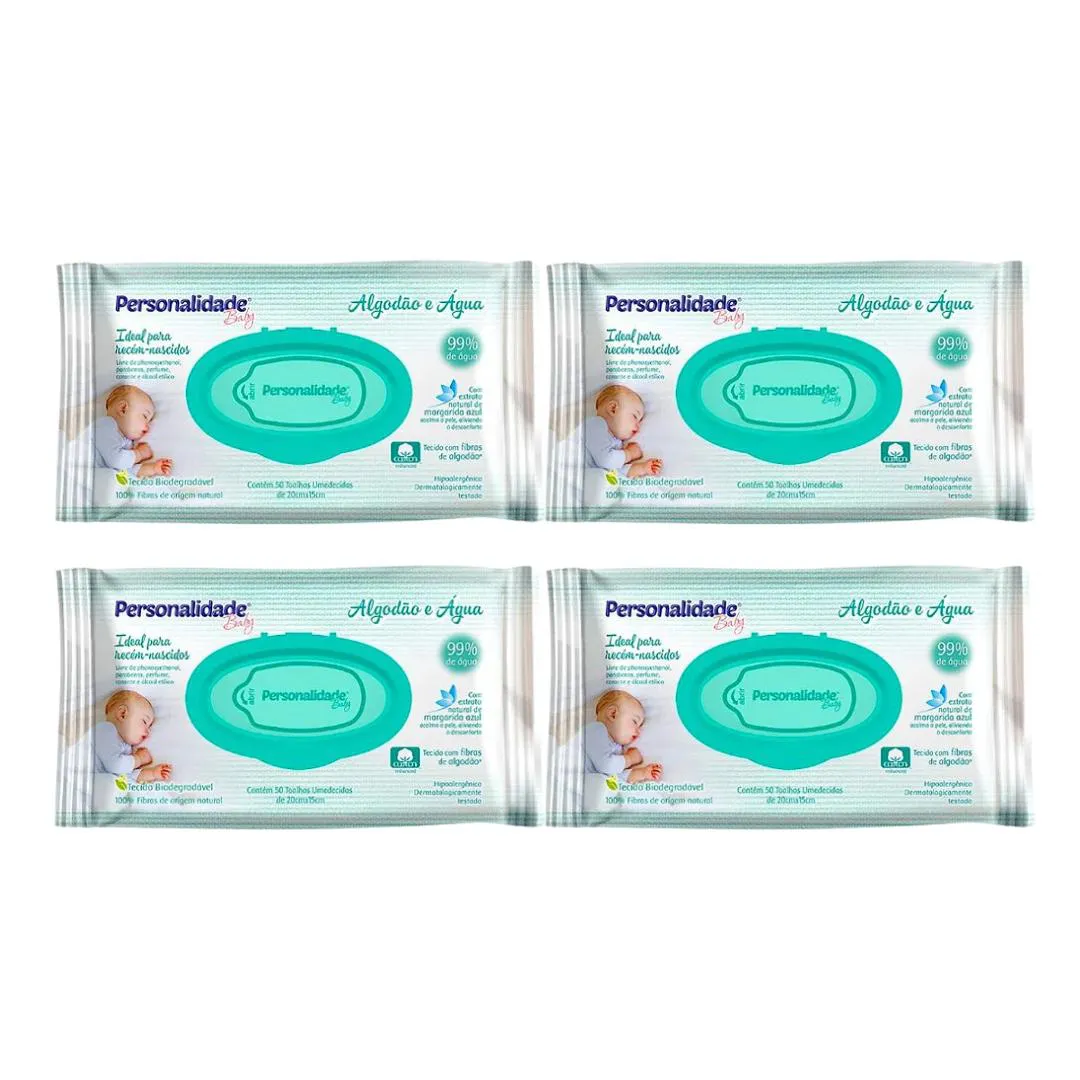Kit Lenço Umedecido Eurofral Baby Algodão e Água 4 Pacotes de 50 unidades