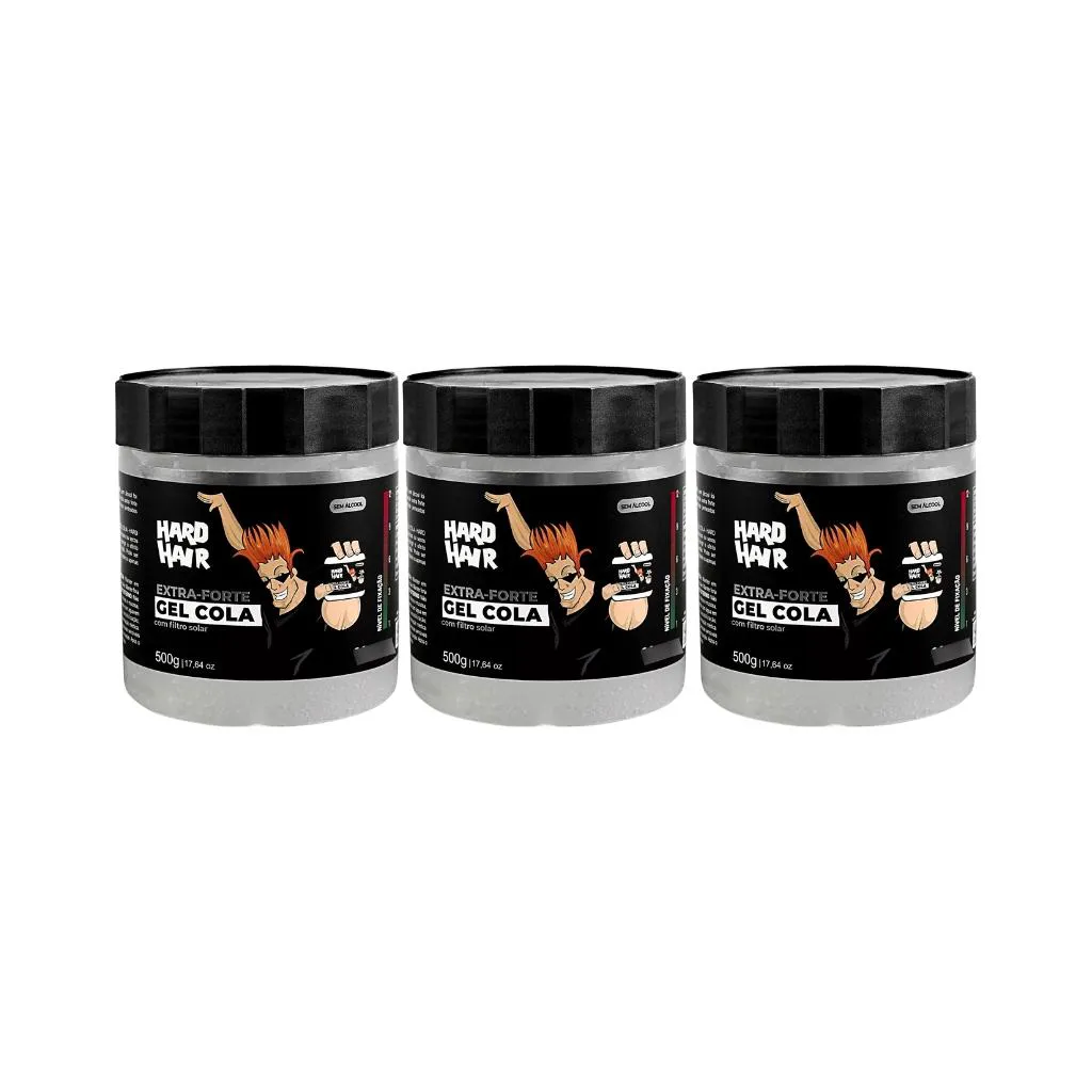 Gel Cola Fixador Hard Hair Incolor 500g - Kit C / 3un