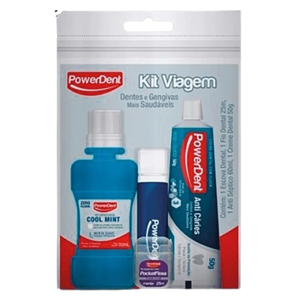 Kit Viagem Powerdent Creme Dental+escova+fita+enxague Plax