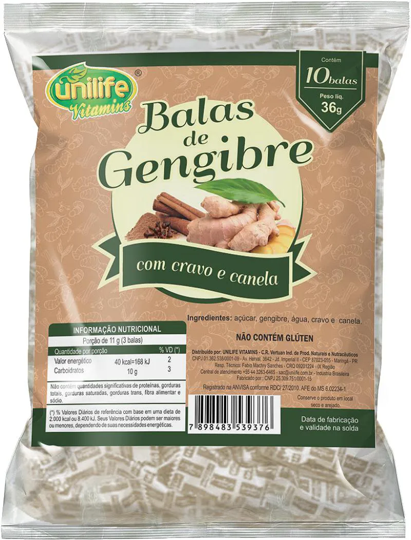 Bala de Gengibre com Cravo e Canela - Caixa com 30 Pacotes de 36 Gr.