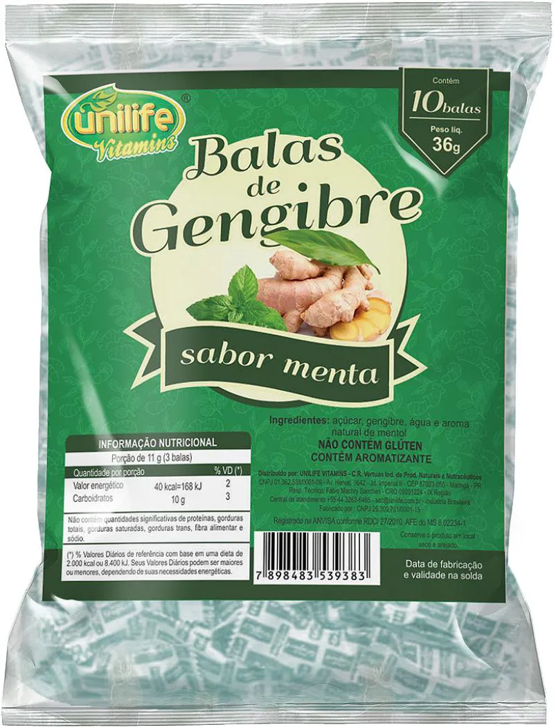 Bala de Gengibre com Menta - Caixa com 30 Pacotes de 36 Gr.