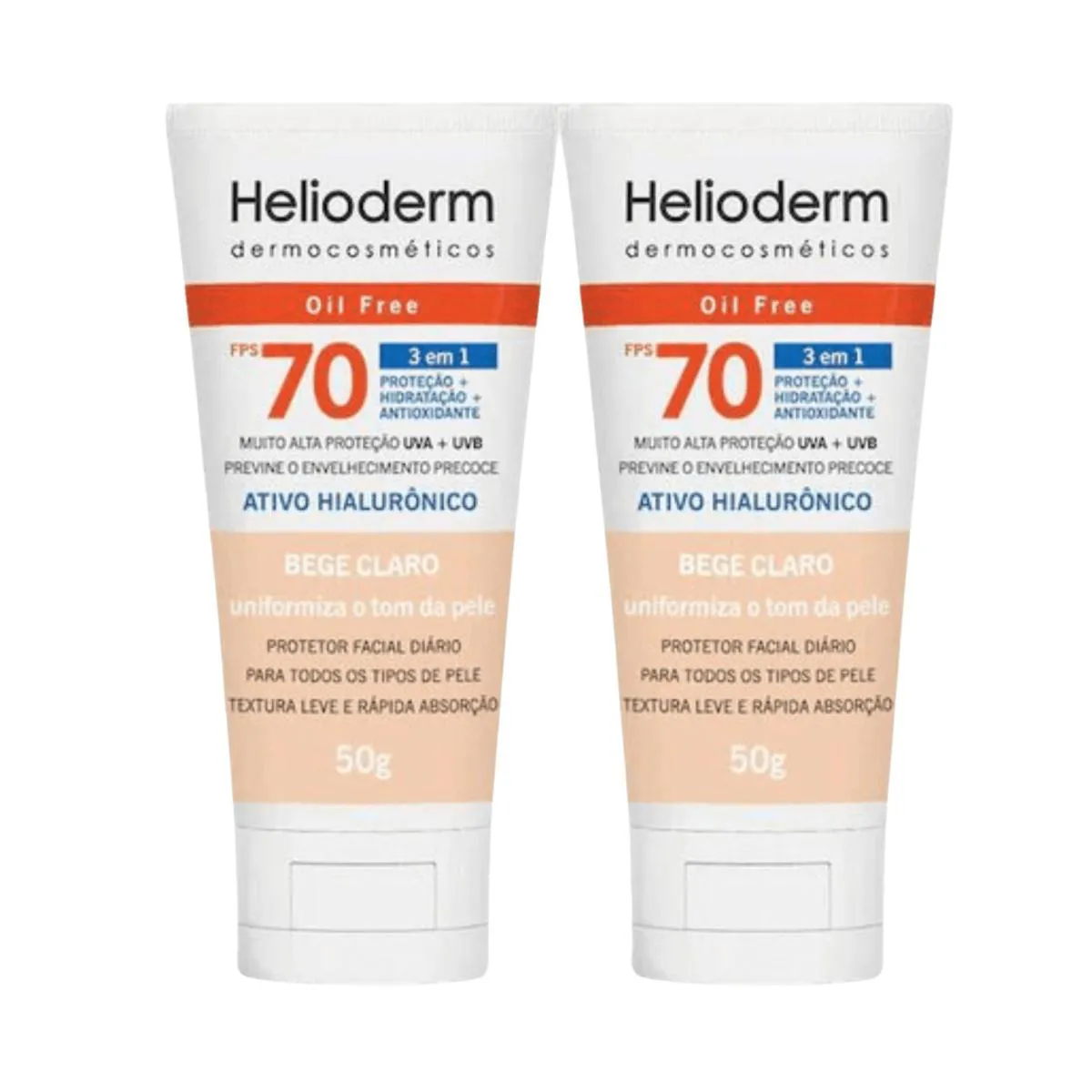 Kit C2 Protetor Ácido Hialurônico Bege Claro Fps70 Helioderm