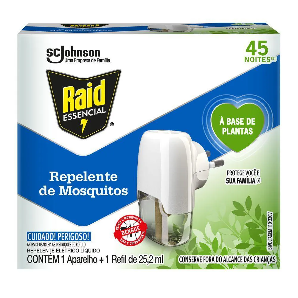 Kit Aparelho + Repelente 45 Noites Base Planta Raid 25,2ml