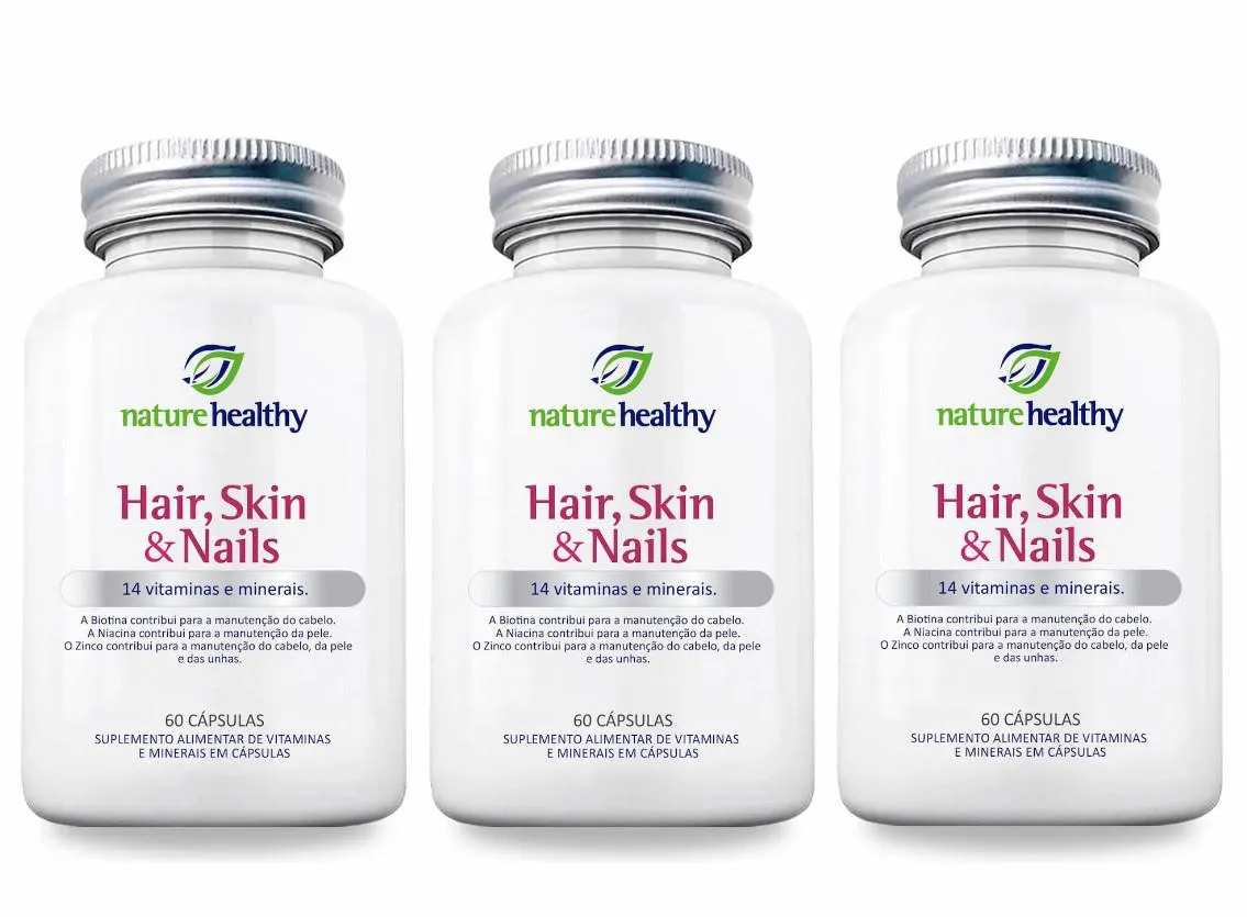 KIT c/ 3 HAIR, SKIN & NAILS c/ 14 VITAMINAS E MINERAIS NATURE HEALTHY 60 CÁPSULAS