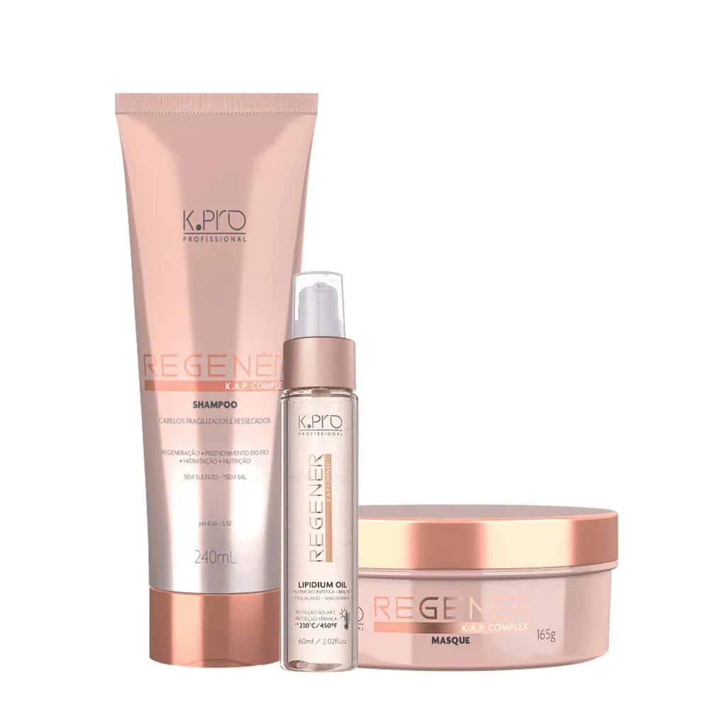 Kit K.pro Profissional Regenér Shampoo Máscara e Lipidium Oil (3 Produtos)