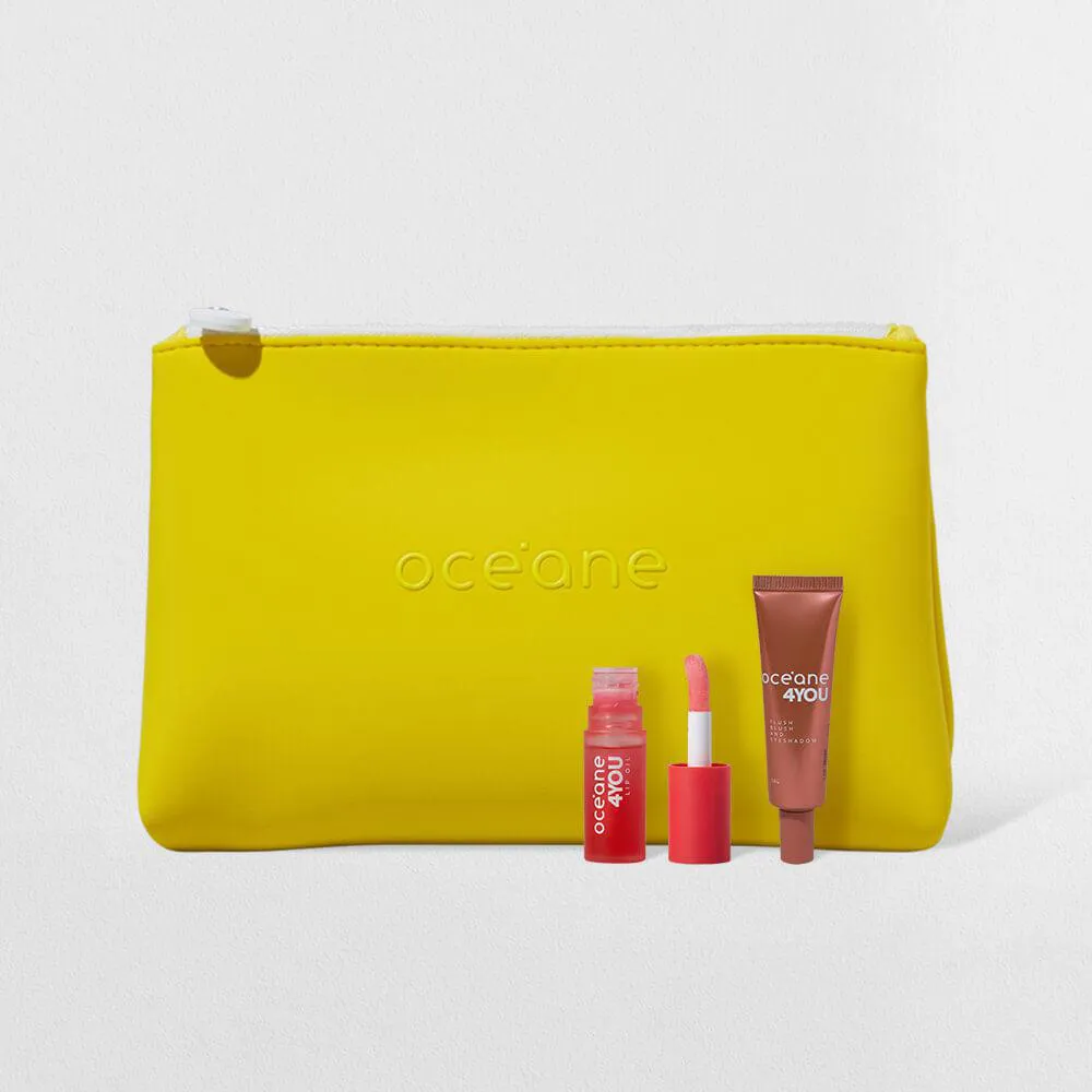 Kit Lip Oil Rosa + Blush Líquido Coral + Nécessaire Neoprene Amarelo 4you (3 Produtos)