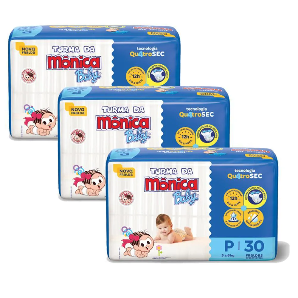 Kit 3 Fraldas Turma da Mônica Baby Jumbo P com 30un Cada