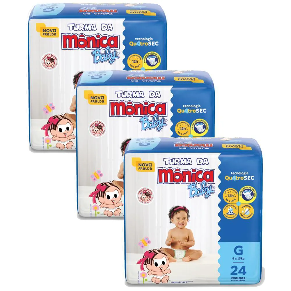 Kit 3 Fraldas Turma da Mônica Baby Jumbo g com 24un Cada