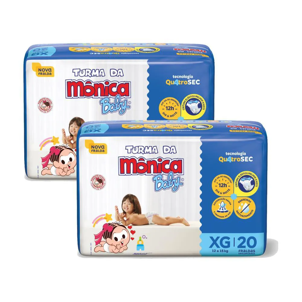 Kit 2 Fraldas Turma da Mônica Baby Jumbo Xg com 20un Cada