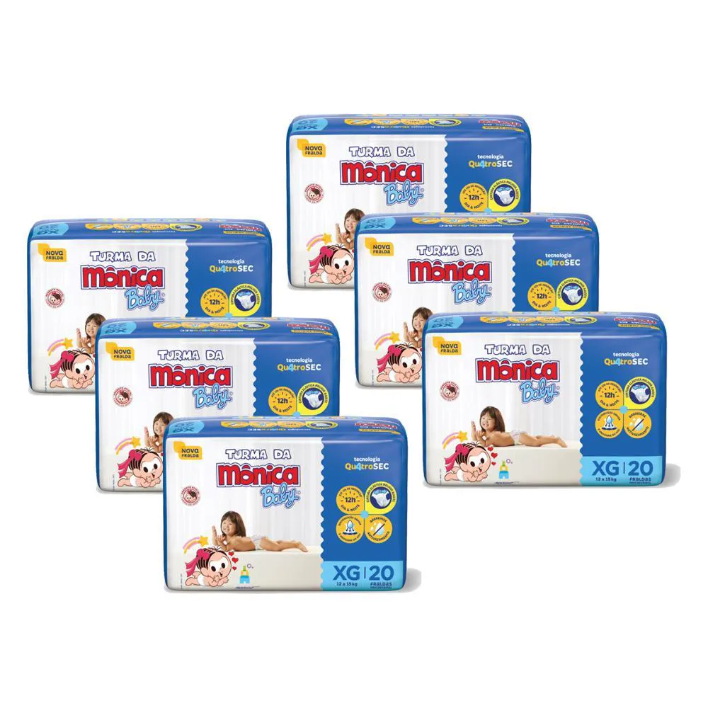 Kit 6 Fraldas Turma da Mônica Baby Jumbo Xg com 20un Cada