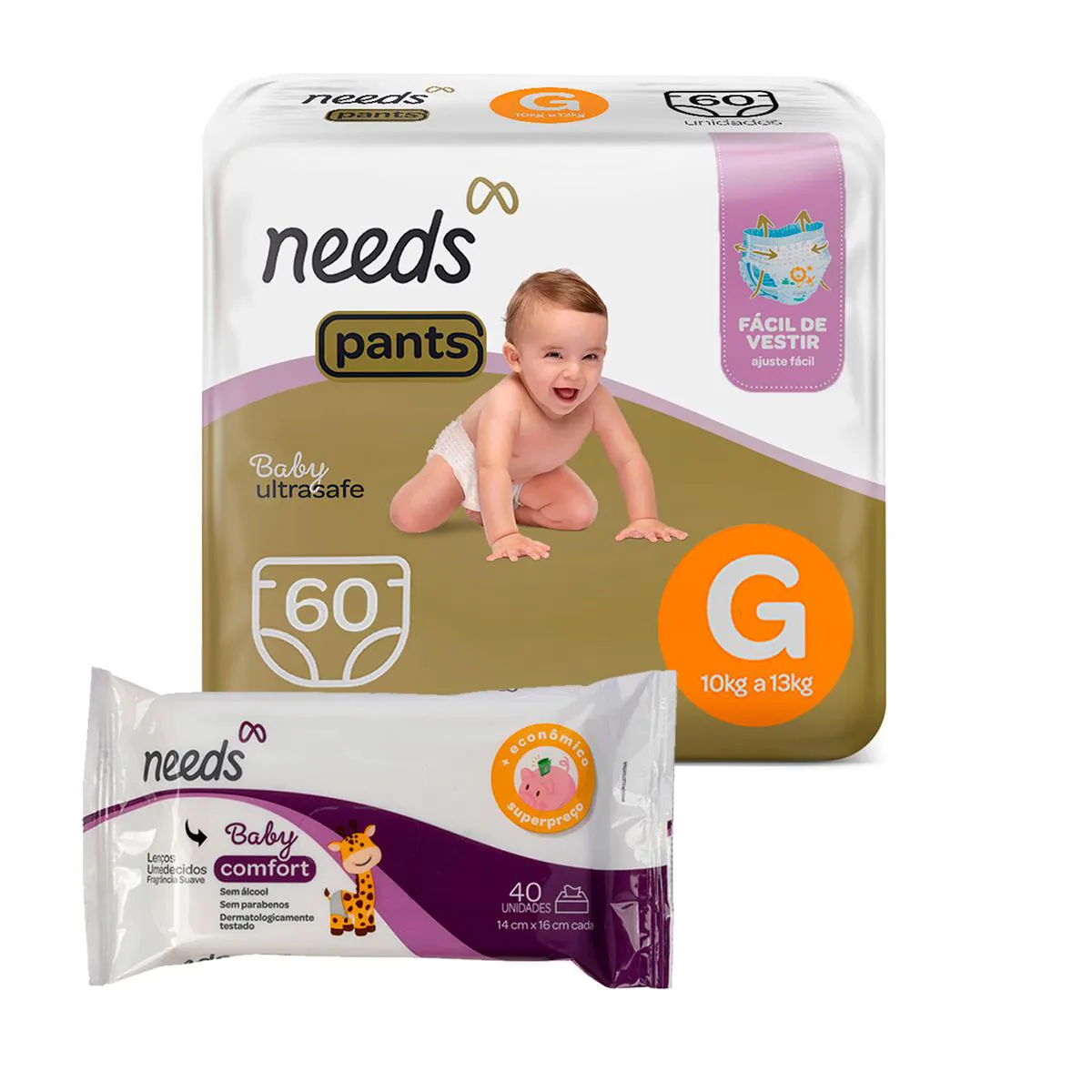 Kit Fralda Calça Needs Ultrasafe G 60 un + Lenço Umedecido Needs Comfort 40 un