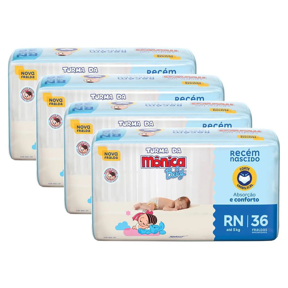 Kit 4 Fraldas Turma da Mônica Baby Jumbo Rn com 36un Cada