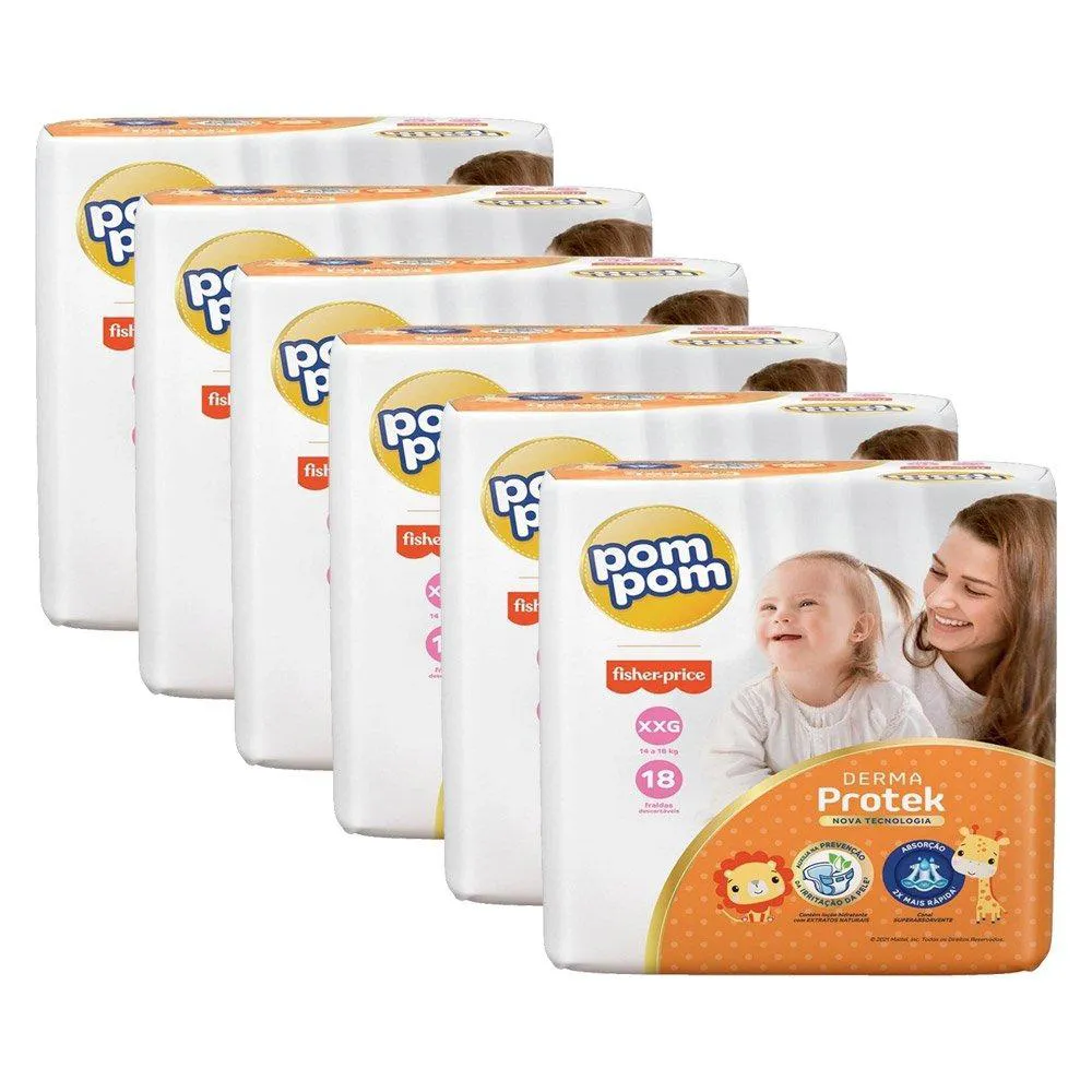 Fralda Descartável Pom Pom Derma Protek Jumbo Tamanho Xxg - 6 Pacotes com 18 Fraldas - Total 108 Tiras