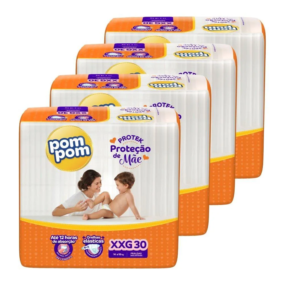 Fralda Descartável Pom Pom Derma Protek Tamanho Xxg - 4 Pacotes com 30 Fraldas - Total 120 Tiras
