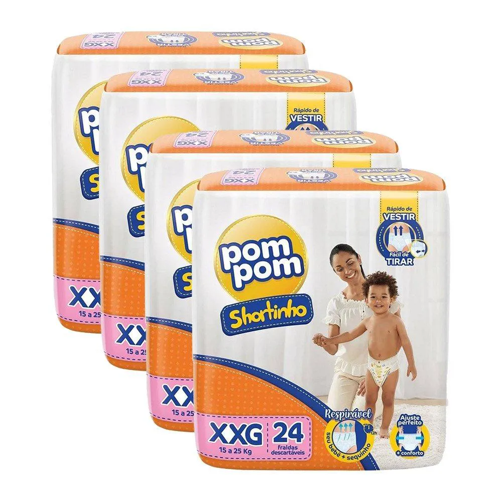 Fralda Descartável Pom Pom Shortinho Jumbo Tamanho Xxg - 4 Pacotes com 24 Fraldas - Total 96 Tiras
