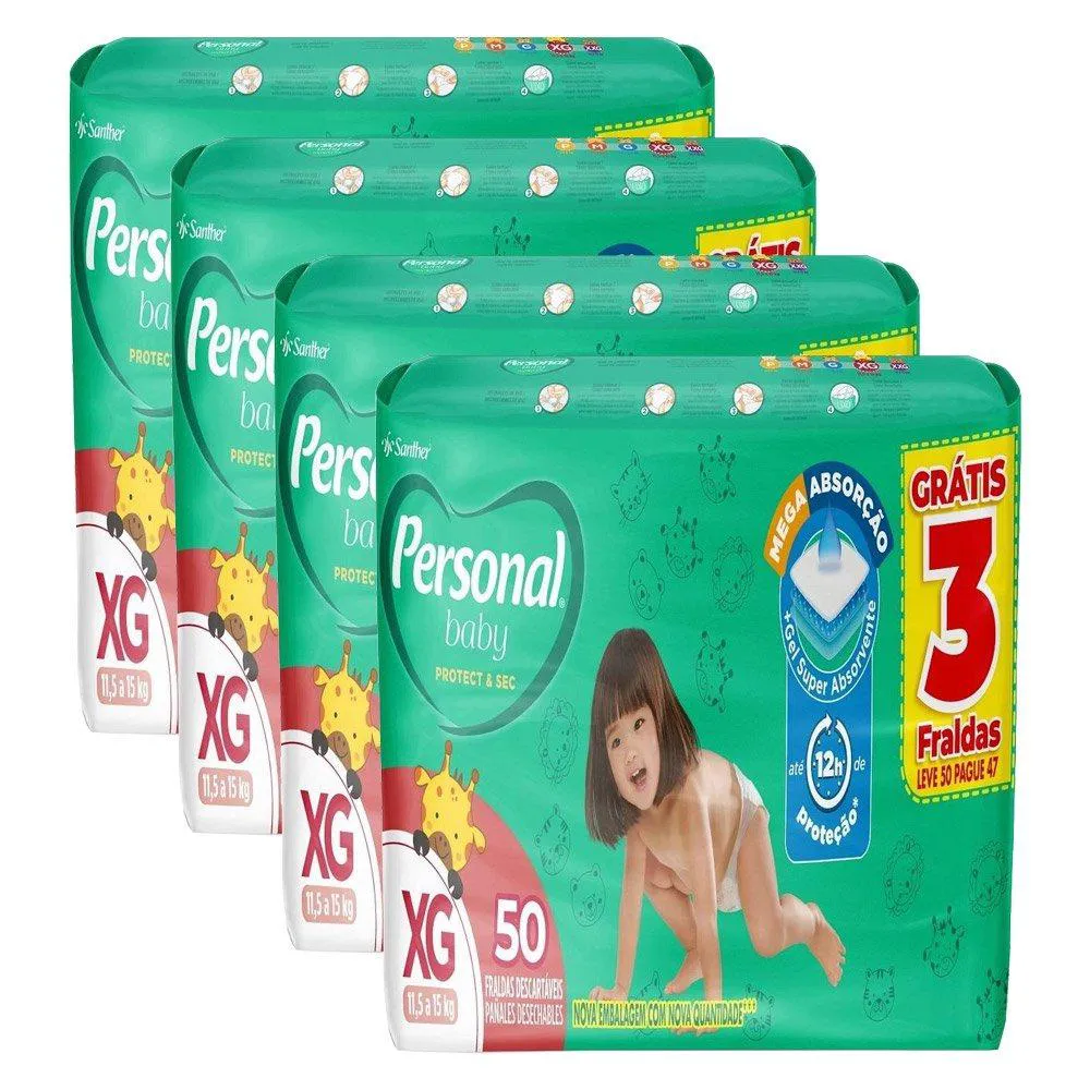 Fralda Descartável Personal Soft & Protect Hiper Tamanho Xg - 4 Pacotes com 50 Fraldas - Total 200 Tiras