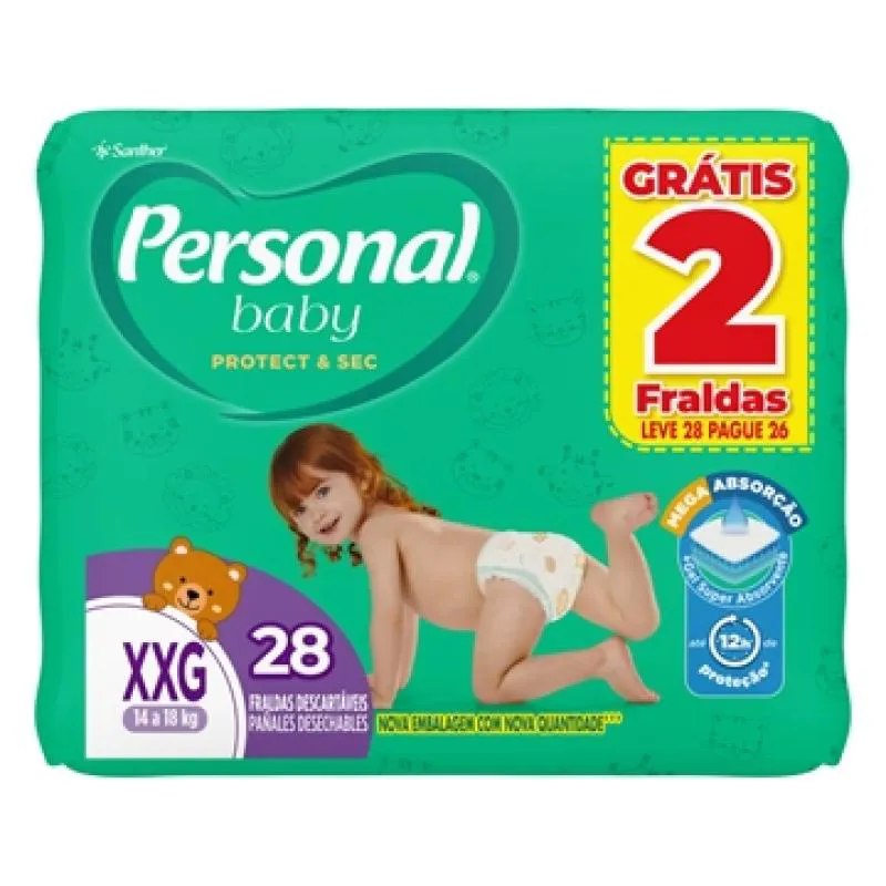 Fralda Descartável Personal Soft & Protect Tamanho Xxg - 9 Pacotes com 28 Fraldas - Total 252 Tiras