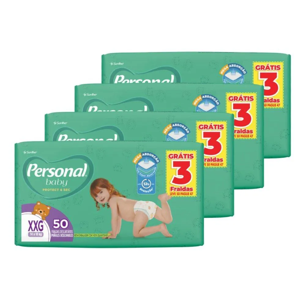 Fralda Descartável Personal Soft & Protect Hiper Tamanho Xxg - 4 Pacotes com 50 Fraldas - Total 200 Tiras