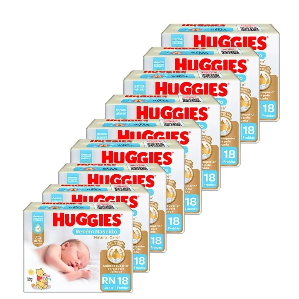 Fralda Descartável Huggies Natural Care | Recém Nascido, 9 Pacotes com 18 Fraldas - Total 162 Tiras