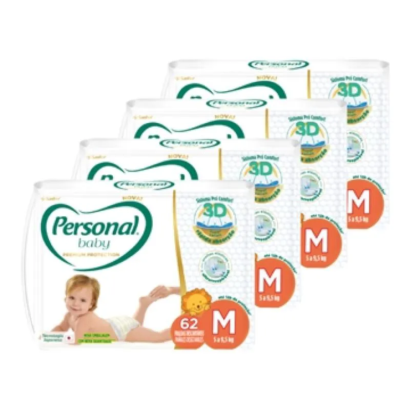 Fralda Descartável Personal Premium Hiper Media - 4 Embalagens com 62 Fraldas - Total de 248 Tiras