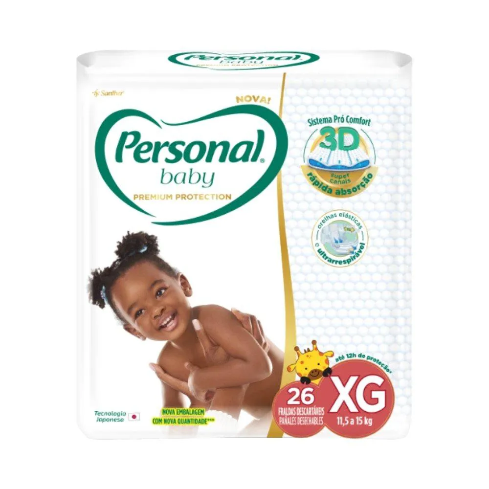 Fralda Descartável Personal Premium Tamanho Xg - 9 Pacotes com 26 Fraldas - Total de 234 Tiras