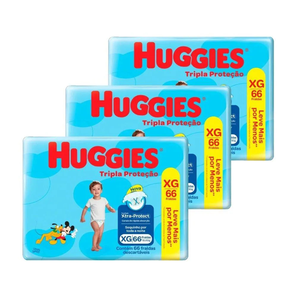 Fralda Descartável Huggies Hiper Tripla Proteção Tamanho Xg - 3 Pacotes com 66 Fraldas - Total 198 Tiras