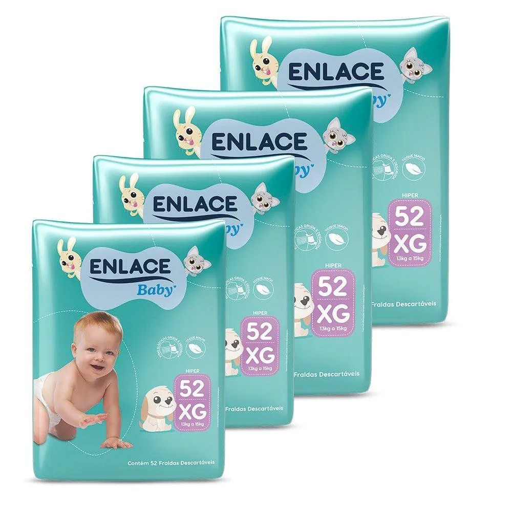 Fralda Descartável Enlace Baby Hiper Tamanho Xg - 4 Pacotes com 52 Fraldas - Total 208 Tiras