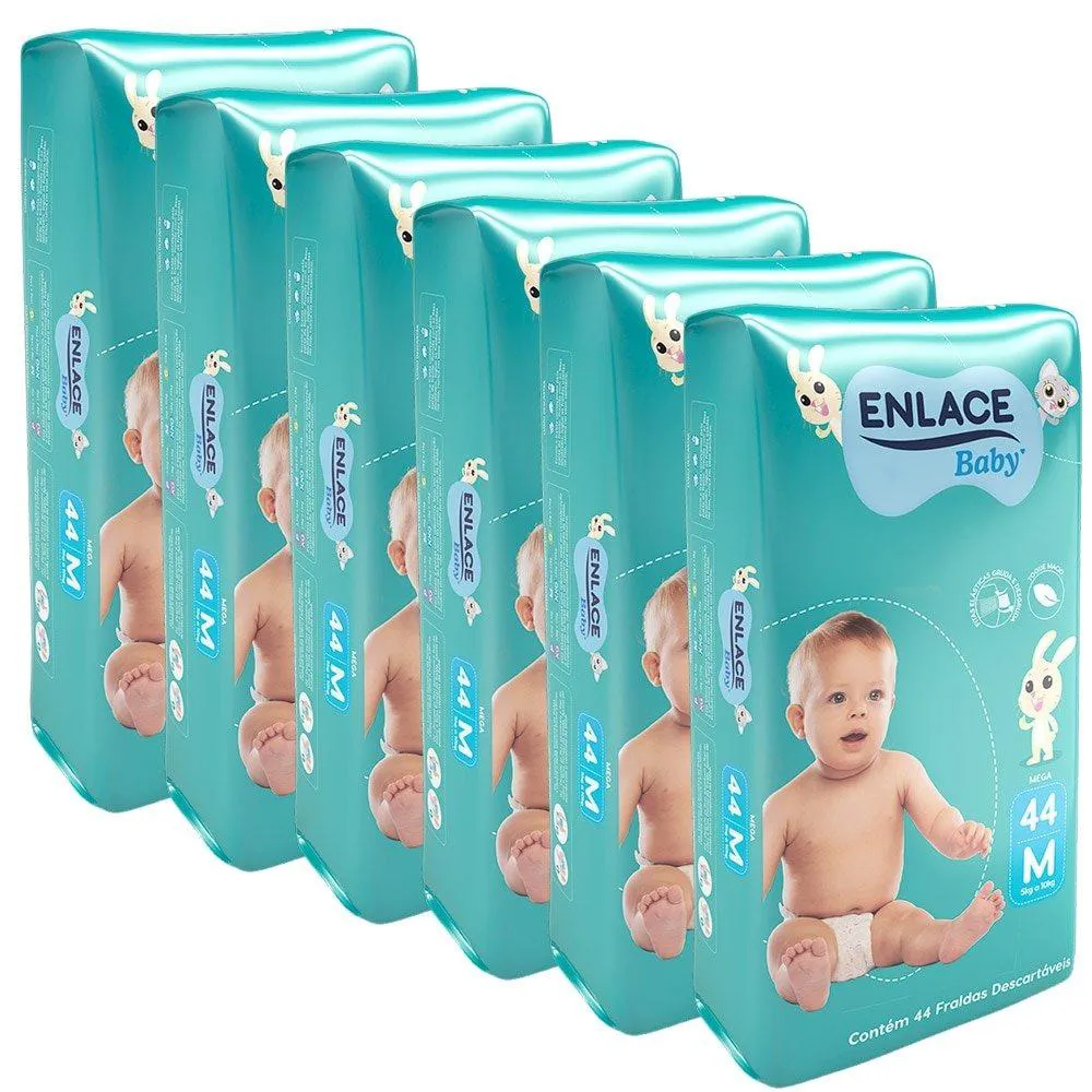 Fralda Descartável Enlace Baby Mega Tamanho M - 6 Pacotes com 44 Fraldas - Total 264 Tiras
