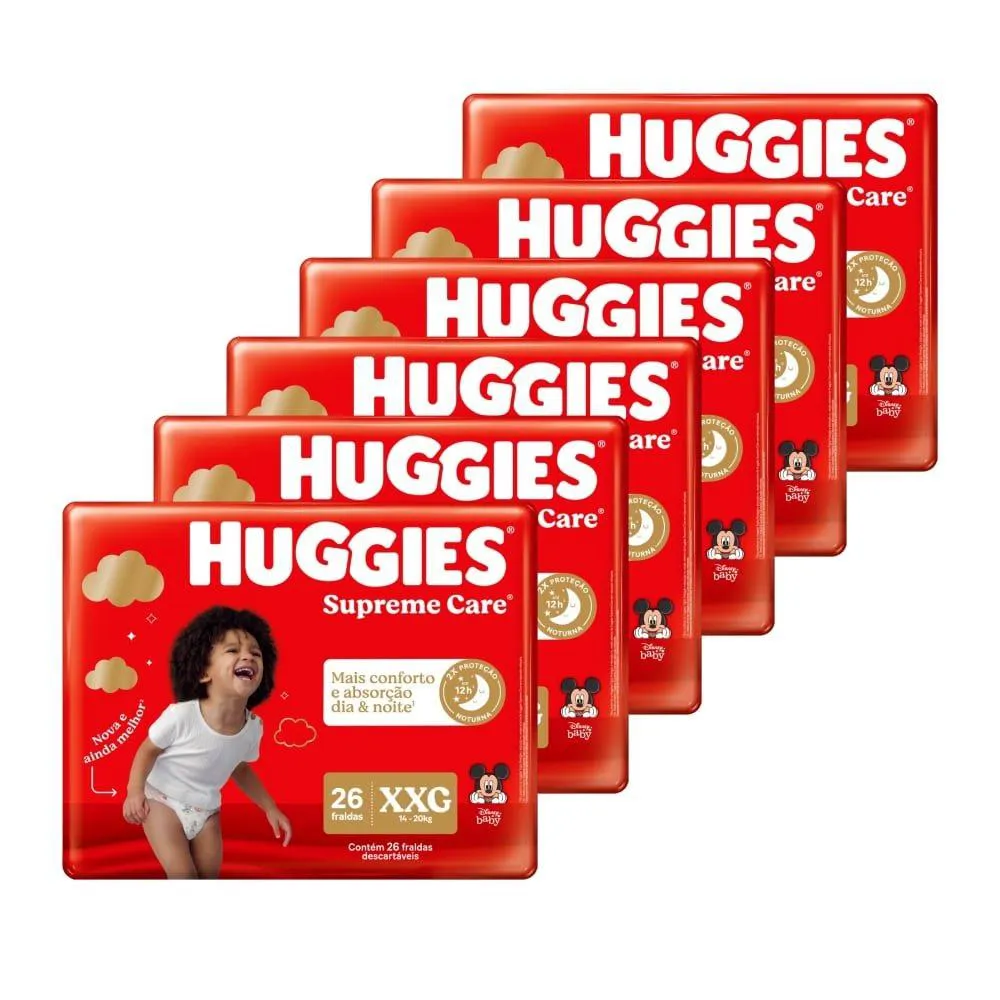 Fralda Descartável Huggies Supreme Care Mega Tamanho Xxg - 6 Pacotes com 26 Fraldas - Total 156 Tiras
