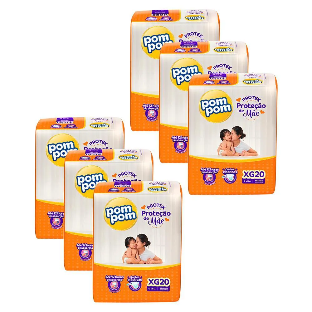 Kit 6 Fraldas Pom Pom Protek Proteção de Mãe Jumbo Xg com 20un Cada