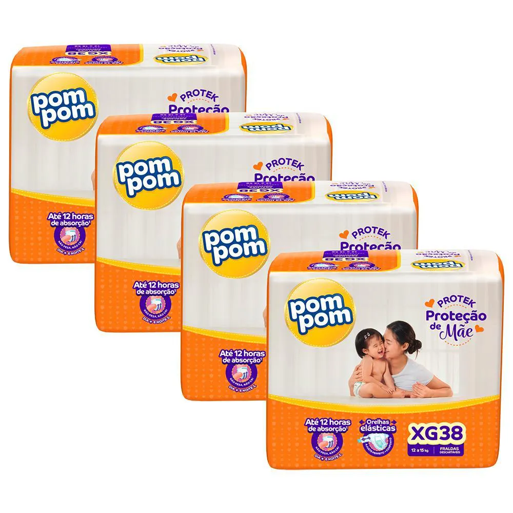 Kit 4 Fraldas Pom Pom Protek Proteção de Mãe Mega Xg com 38un Cada