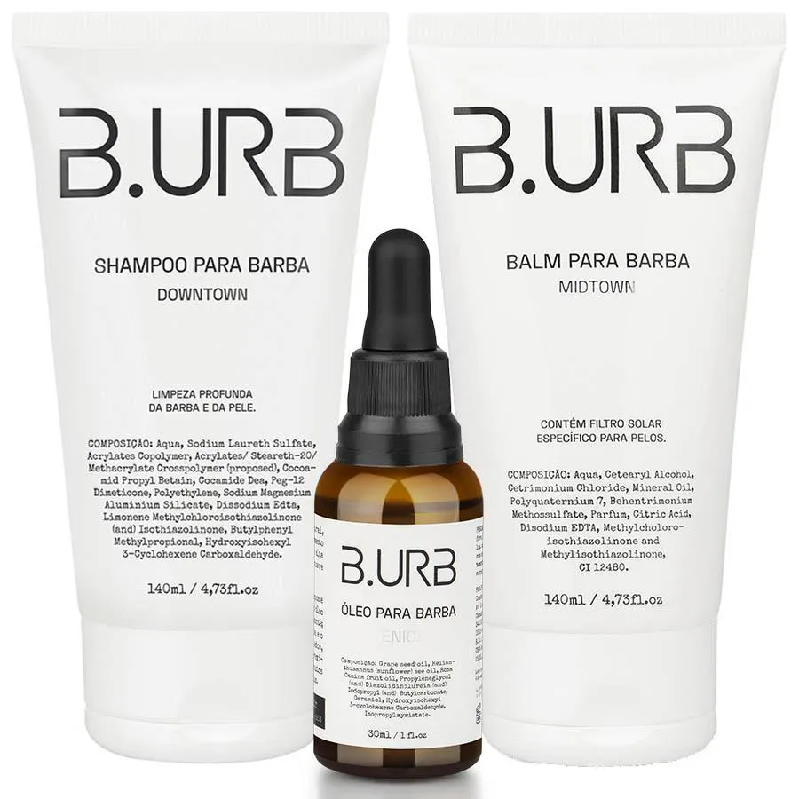 Kit Shampoo Downtown + Balm Midtown + Óleo Venice Café e Baunilha Barba Urbana B.urb