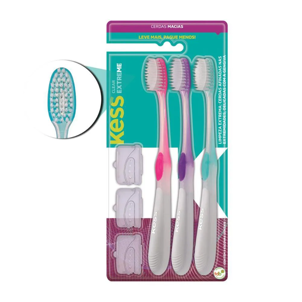 Escova Dental Kess Clear Extreme Macias C/3 Cores Sortidas Cód.2101