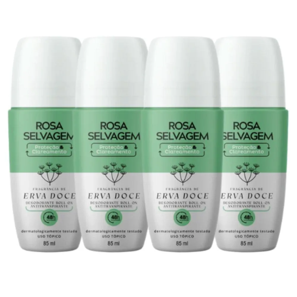 Kit 4 Desodorantes Roll-on Clareador Rosa Selvagem Erva Doce 85ml