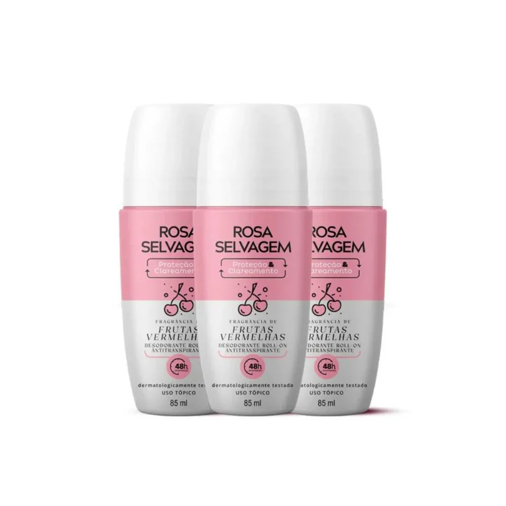 Kit 3 Desodorantes Roll-on Clareador Rosa Selvagem Frutas Vermelhas 85ml