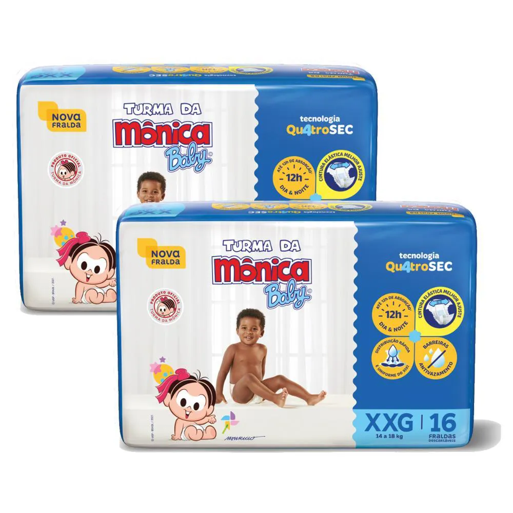 Kit 2 Fraldas Turma da Mônica Baby Jumbo Xxg com 16un Cada