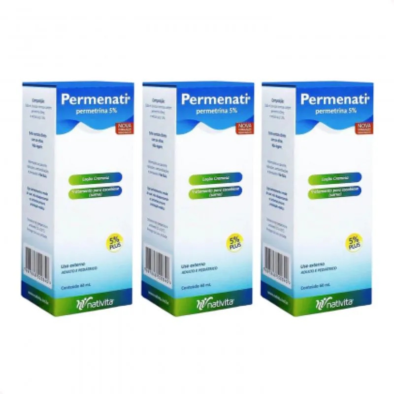 KIT COM 3 PERMENATI 5% 60 ML CADA LOçãO PARA SARNA ESCABIOSE