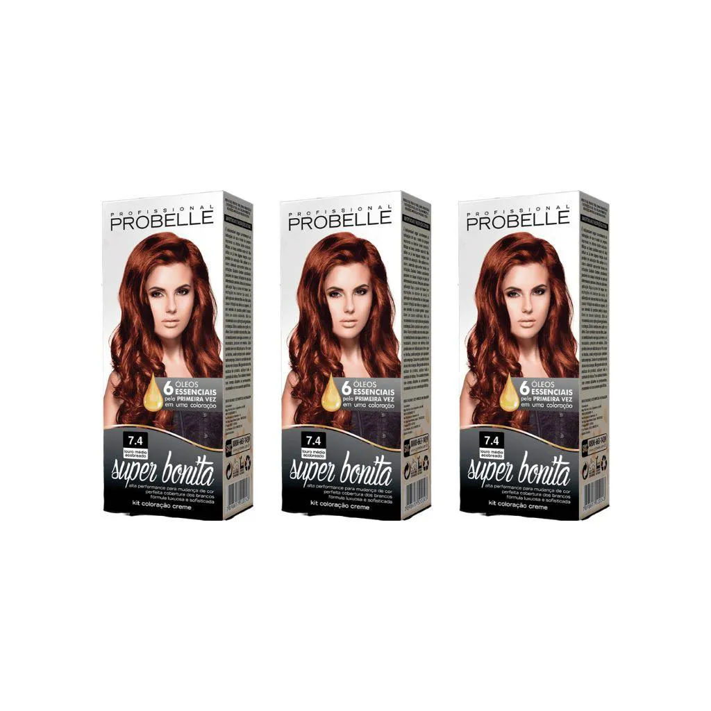 Coloraçao Probelle Super Bonita 7.4 Louro Medio Acobreado - Kit C / 3un