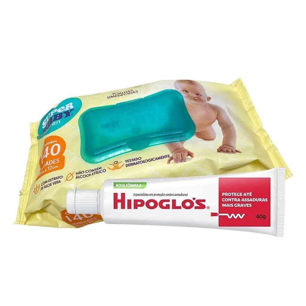 Kit Creme Contra Assadura Hipoglos 40g + Toalhas Umedecidas Super Baby Green 140 unidades