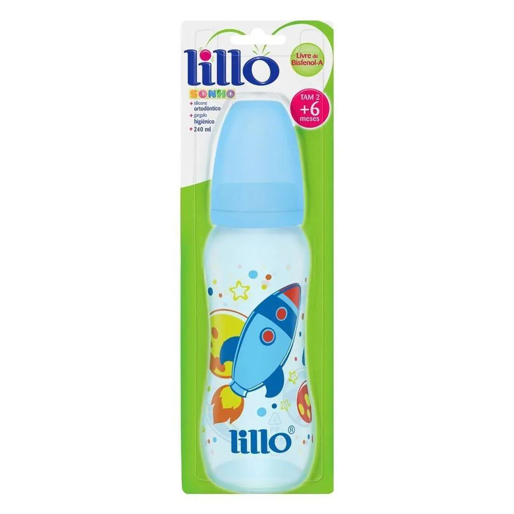 Mamadeira Lillo Sonho Acinturada com Bico de Silicone Ortodôntico Tamanho 2 Azul 240ml