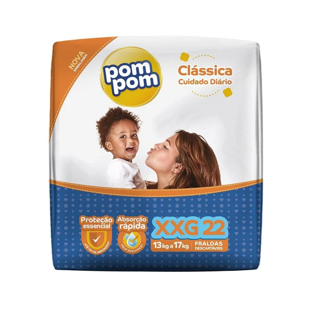 Fralda Descartável Pompom Clássica Econômica Tamanho Xxg - 8 Pacotes com 22 Fraldas - Total 176 Tiras