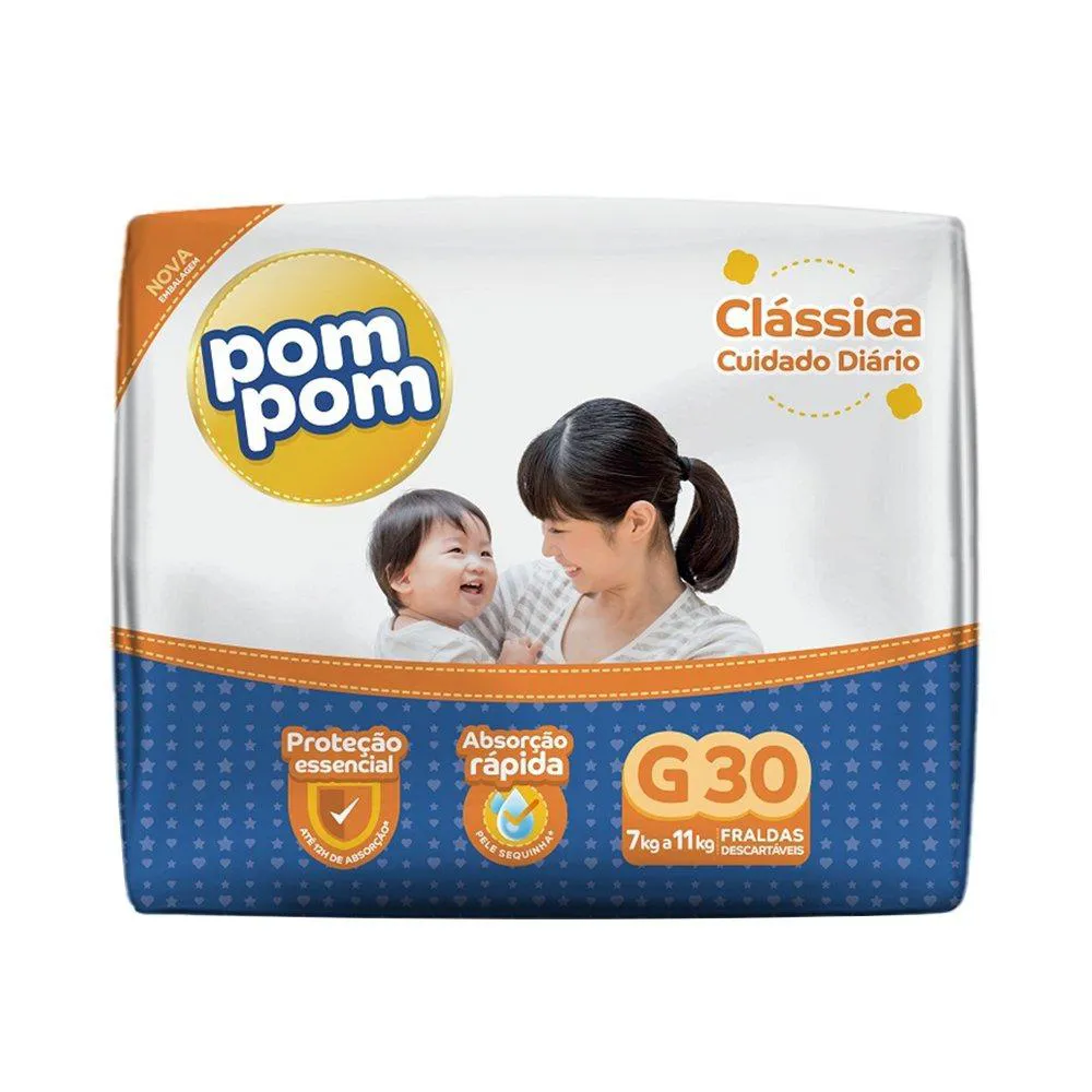 Fralda Descartável Pompom Clássica Econômica Tamanho G - 8 Pacotes com 30 Fraldas - Total 240 Tiras