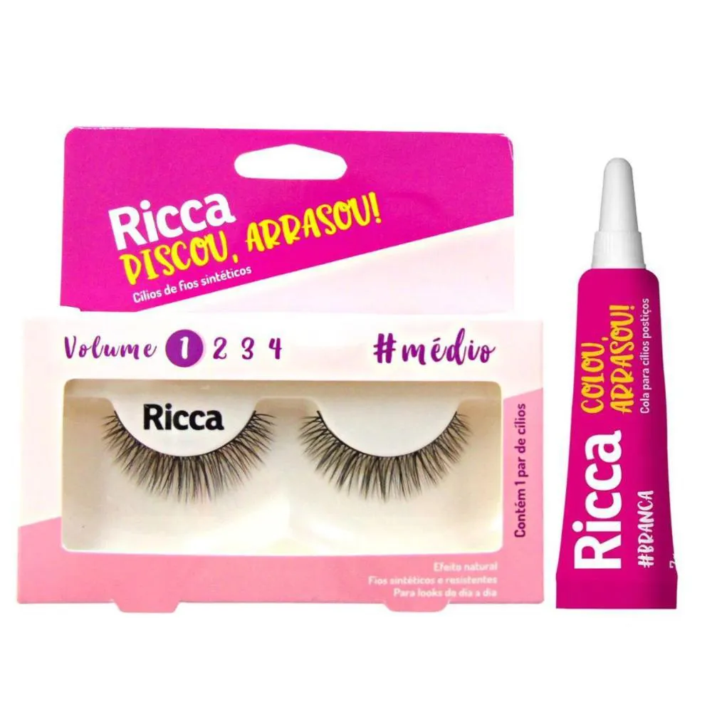 Cílios Postiços + Cola Branca Ricca Belliz Piscou,arrasou Vol:1 Médio Cód.2672