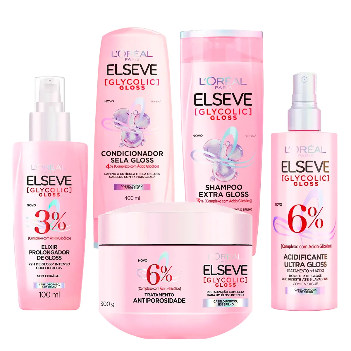 Kit Elseve Glycolic Gloss Shampoo + Condicionador + Acidificante + Creme de Tratamento + Sérum