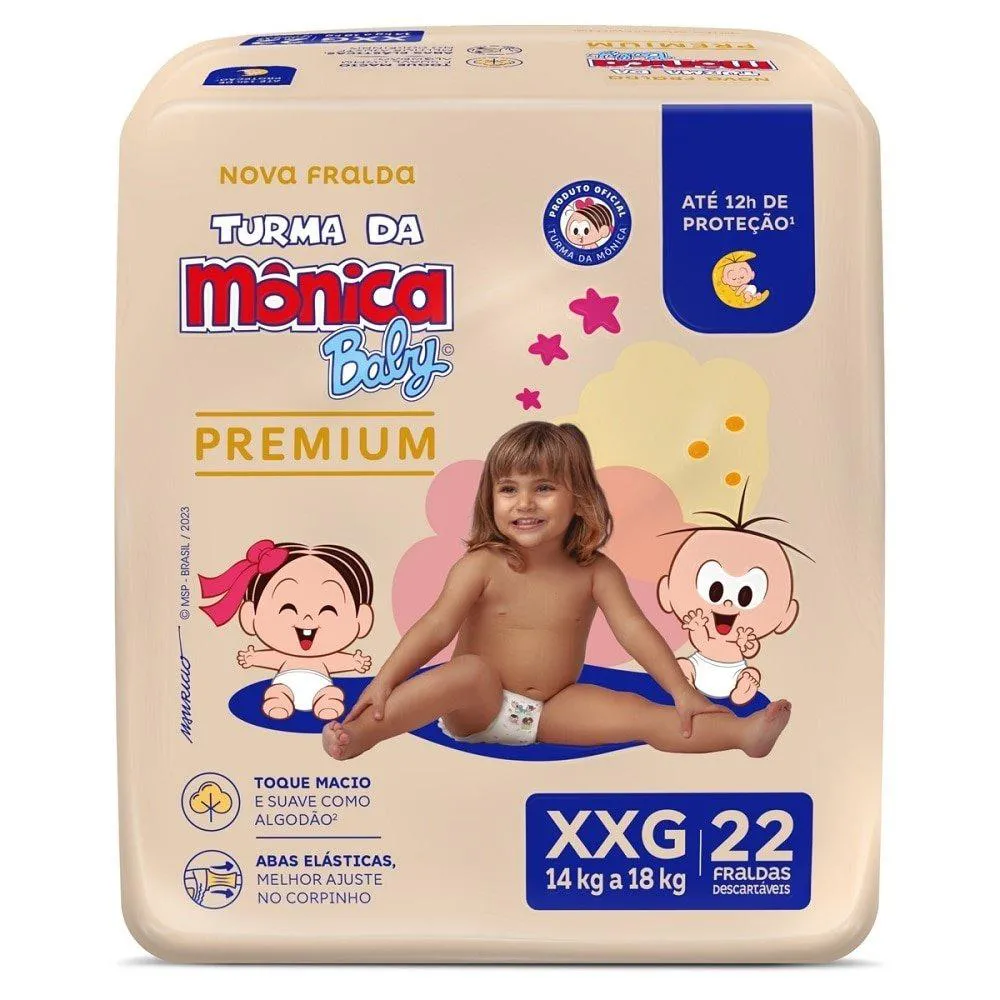 Fralda Descartável Turma da Mônica Premium Econômica Tamanho Xxg 6 Pacotes com 22 Fraldas- Total 132 Tiras