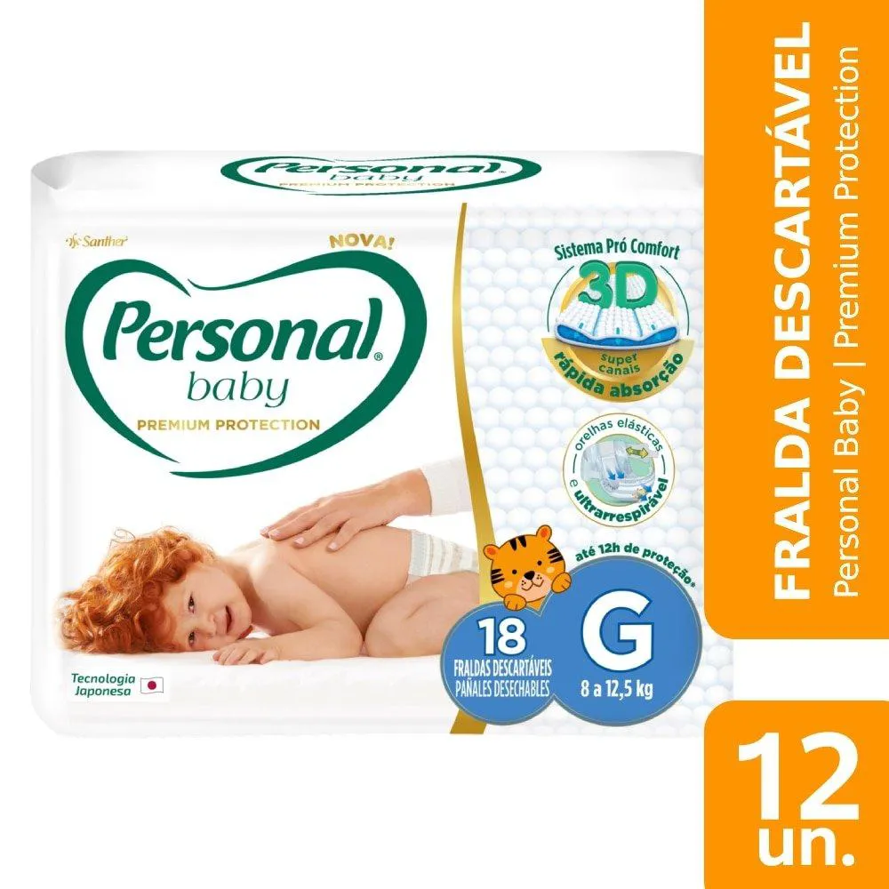 Fralda Descartável Personal Premium Tamanho G - 12 Pacotes com 18 Fraldas - Total de 216 Tiras