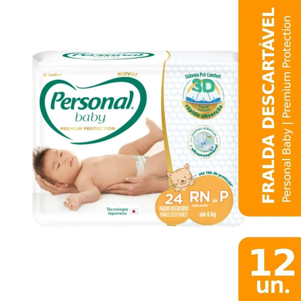 Fralda Descartável Personal Premium Jumbo Tamanho Rn/p - 12 Pacotes com 24 Fraldas - Total de 288 Tiras