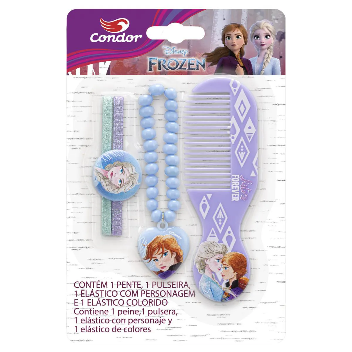 KIT PENTE + ELáSTICO COM PERSONAGEM + ELáSTICO COLORIDO + PULSEIRA FROZEN CONDOR