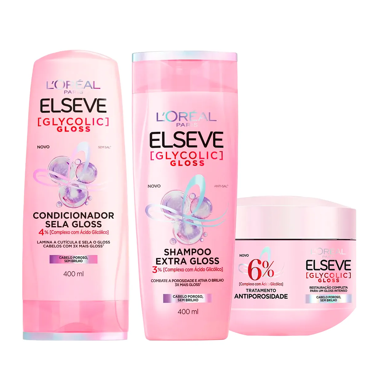 Kit L'Oréal Paris Elseve Glycolic Gloss - Shampoo + Condicionador + Creme de Tratamento